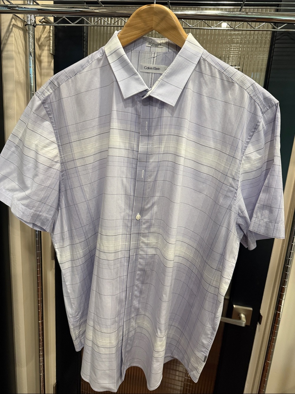 Calvin Klein Men’s XXL Short Sleeve Button Up Shirt Blue Plaid Cotton
